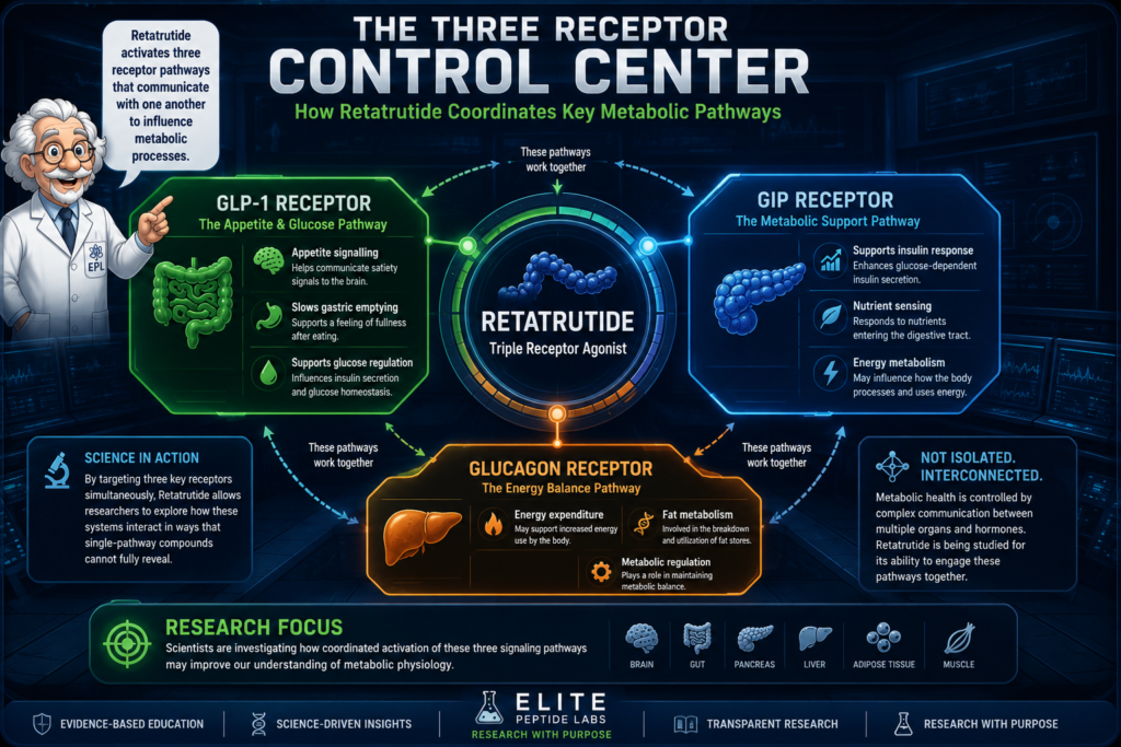 Retatrutide GLP-1 GIP and glucagon receptor control centre infographic