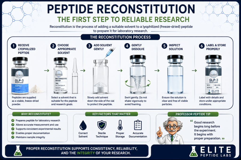 Illustration explaining peptide reconstitution using bacteriostatic water for laboratory research.