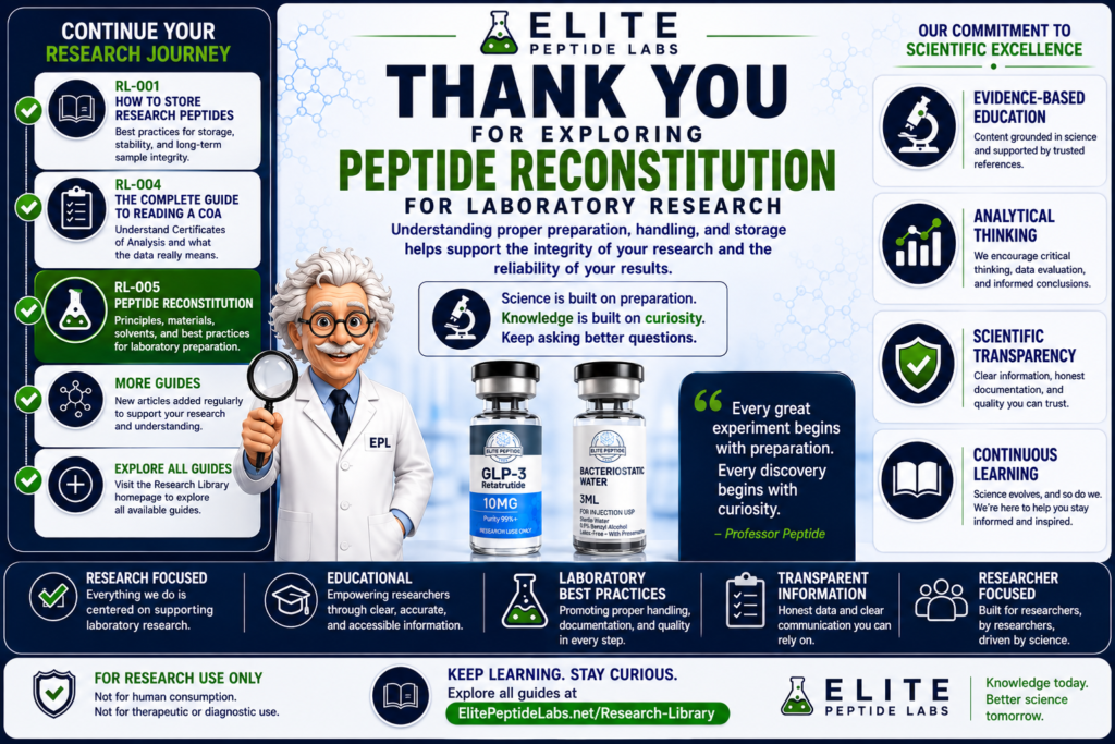 Elite Peptide Labs Research Library educational poster about peptide reconstitution and laboratory best practices.