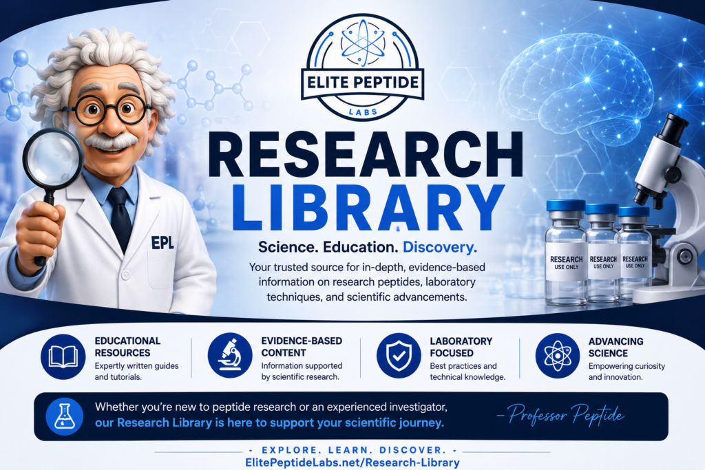 Elite Peptide Labs Research Library hero banner featuring Professor Peptide and evidence-based peptide research guides